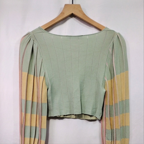 Zara Pleated Knit Crop Top Womens S Green Yellow Square Neck Boho Retro 90s Y2K - Picture 8 of 11